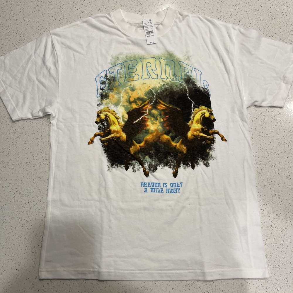 Pacsun Shirt Tee Men's Large White Logo Short Sleeve Eternal M Heaven Mile Away